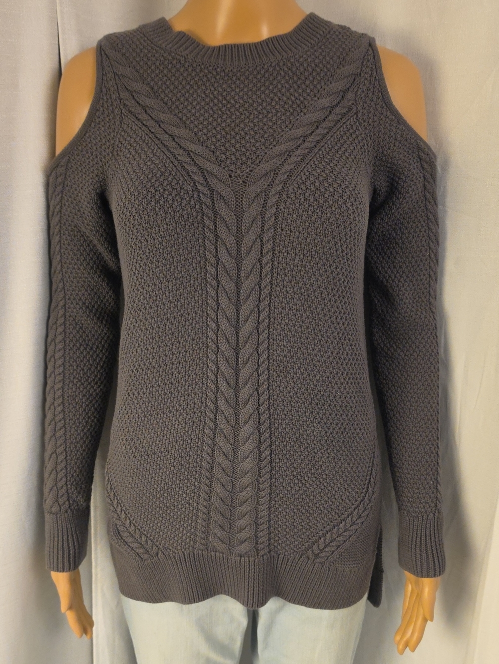 a.n.a Gray Knit 60% Cotton Hi-Lo Cold-Shoulder Knit Pullover Sweater Size XS